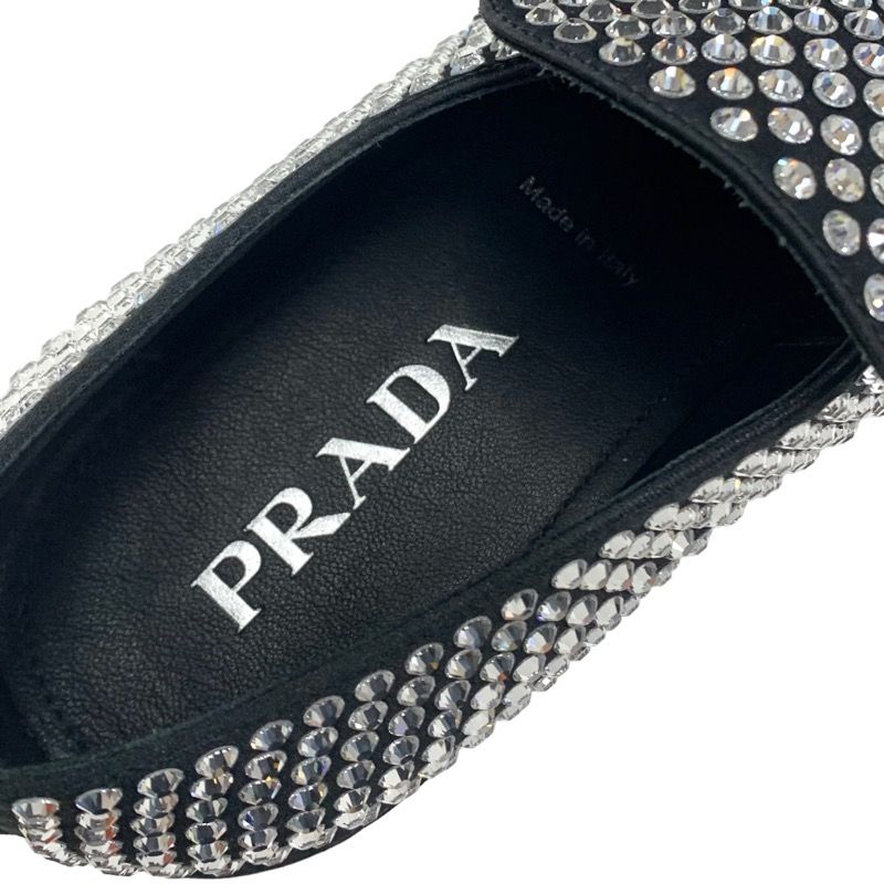 Prada Loafers Leather Shoes Satin Black Crystal Rhinestone Logo Plate Men's