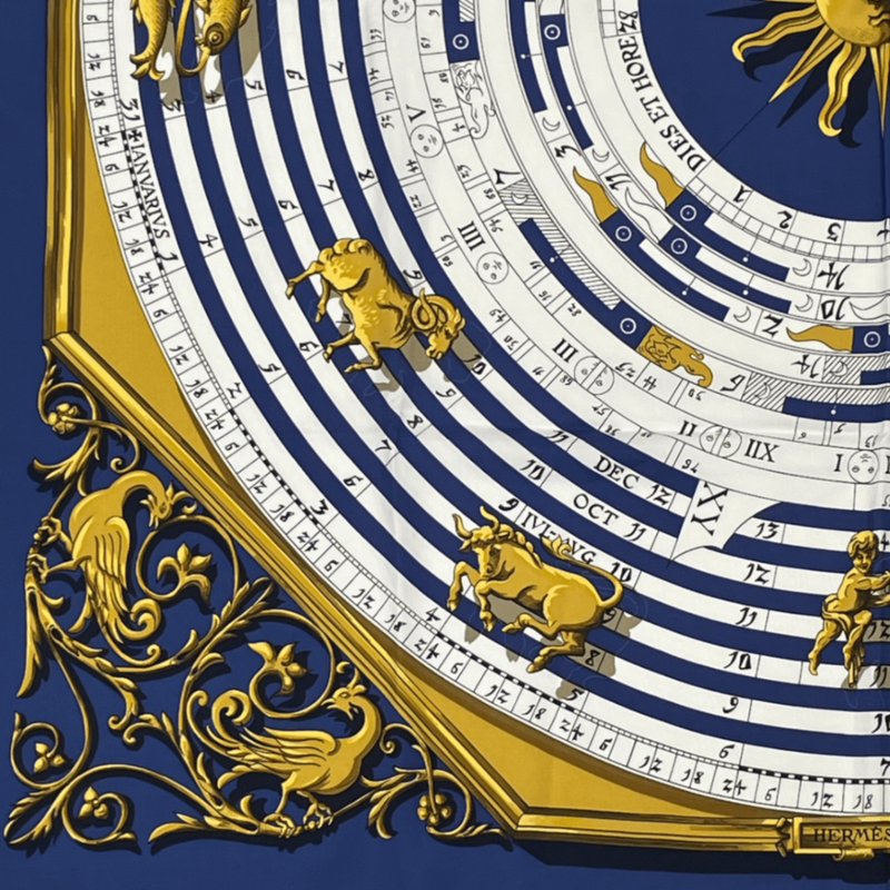 Hermes Carre 90 DIES ET HORE Astrology Silk Scarf Navy