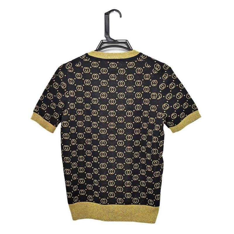 Gucci Short Sleeve Knit GG Pattern M Size 554595 Black Gold Lamé