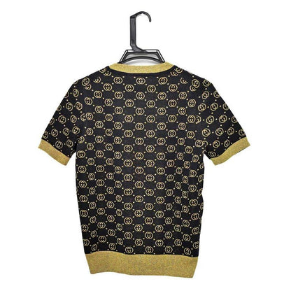 Gucci Short Sleeve Knit GG Pattern M Size 554595 Black Gold Lamé