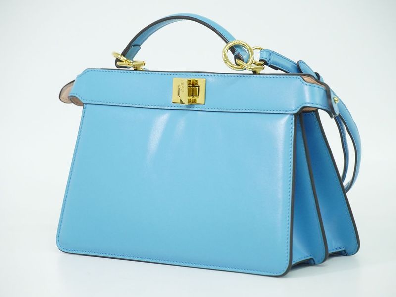 Authentic Fendi Peekaboo Icyou East West 2WAY Shoulder Bag Handbag Leather Blue