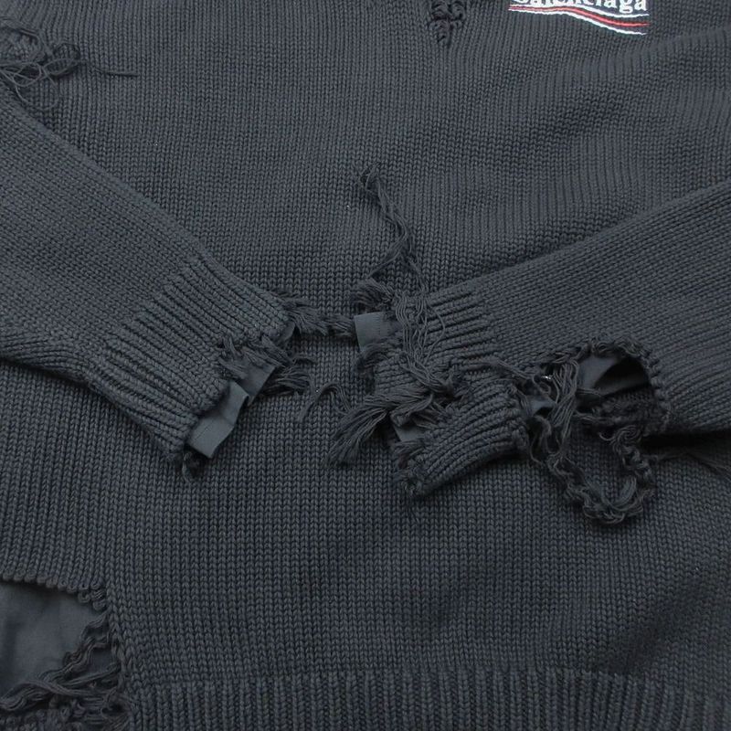 21aw Balenciaga 662718 T3212 Destroyed Knit Hoodie Black Campaign Logo XS