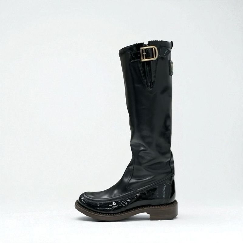 Chanel Boots Long Boots Shoes Leather Patent Black Gold Logo