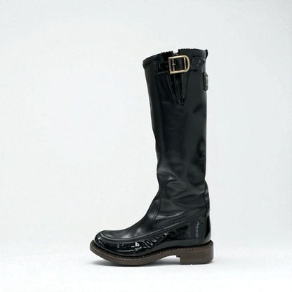 Chanel Boots Long Boots Shoes Leather Patent Black Gold Logo