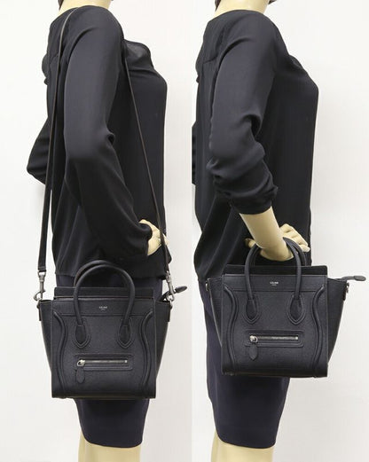 Celine Hand Tote Shoulder Bag Luggage Nano Shopper Drummed Calfskin Black 2WAY