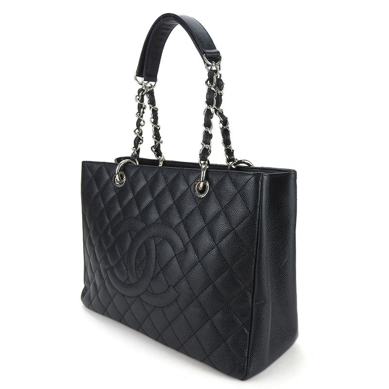 Chanel Tote Bag GST Tote Caviar Skin Black Silver Hardware Chain Coco Mark 16th