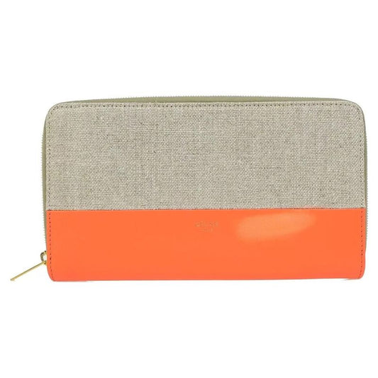 Celine Long Wallet Round Zipper Orange Beige Leather Hemp 09bs057