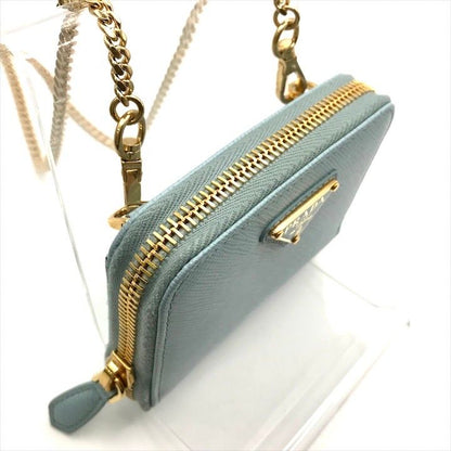 Prada Saffiano Leather Chain Shoulder Card Case Wallet Blue