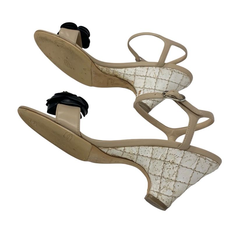 Chanel Sandals Shoes Leather Beige Black Coco Mark Camellia Matelasse Strap