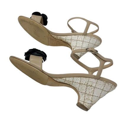 Chanel Sandals Shoes Leather Beige Black Coco Mark Camellia Matelasse Strap