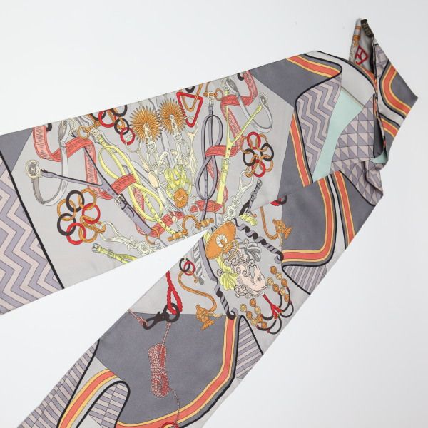 Hermes Carré 90 Cravat Shape Silk Horseman Harness Scarf Hermes Gray