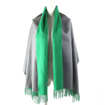 Hermes 100% Cashmere Logo Embroidery Bicolor Fringed Large Shawl Scarf Gray