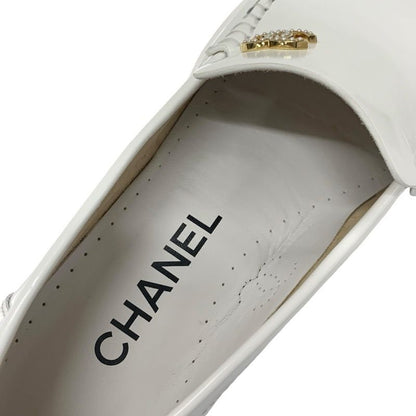 Chanel Loafer Leather Shoes Patent Leather White Gold Here Mark