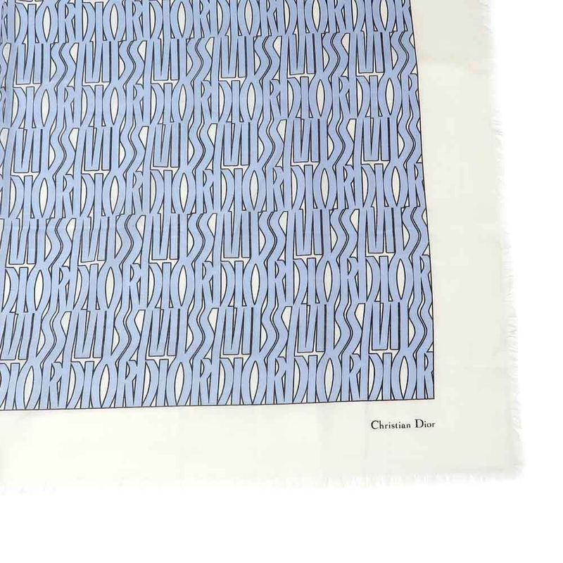 Dior Shawl Logo Light Blue Ivory Wool Cashmere Silk Large Shawl Fringe