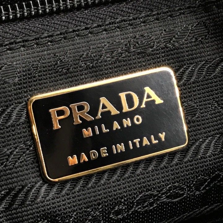 Prada Triangle Logo Nylon Tessuto Metal Handle Hand Bag Black Gold