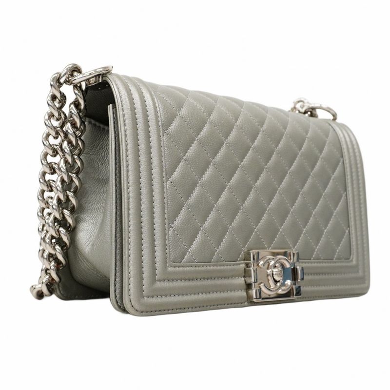 Chanel Shoulder Bag Boy Chanel Caviar Skin Gray Silver Hardware Women