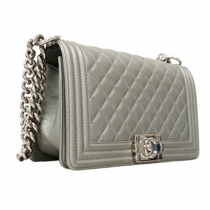 Chanel Shoulder Bag Boy Chanel Caviar Skin Gray Silver Hardware Women