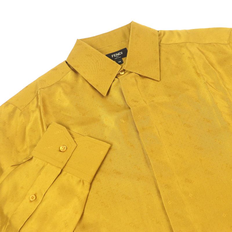 Fendi 2021 Fs0808 100% Silk Logo All Over Zucca Fly Front Long Sleeve Shirt