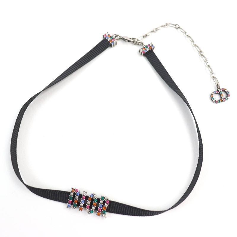Christian DIOR Logo Choker With Rhinestones Black Multicolor Storage With Bag