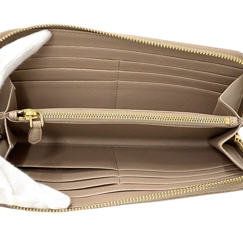 Prada Wallets Women's Branded Long Saffiano Beige 1ml506 Gold Hardware Round