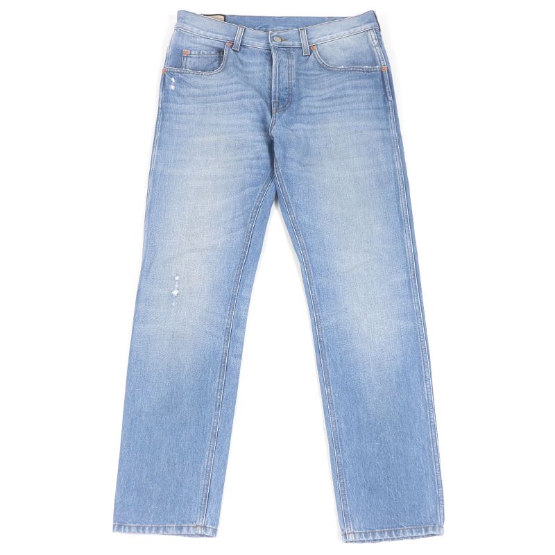 Gucci 408637 Leather Logo Patch Button Fly Denim Pants Jeans Indigo Blue 33