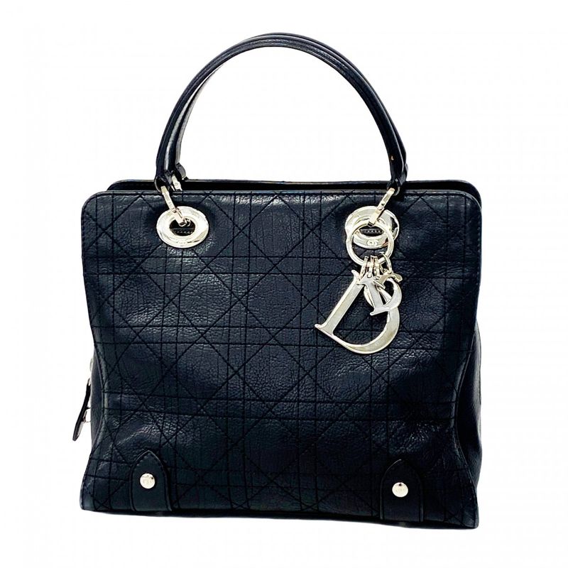 Christian Dior Handbag Cannage Leather Black Silver Hardware Women