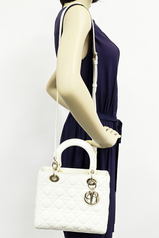 Christian Dior Handbag Shoulder Bag Lady Dior Medium Lambskin White Gold