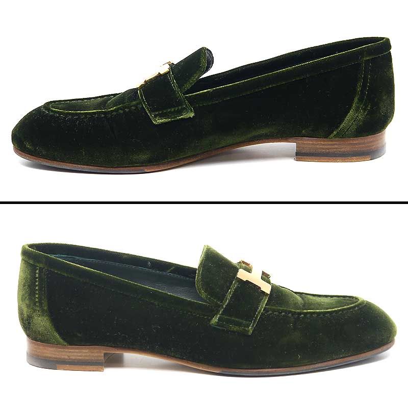Hermes Moccasins Paris Velours 36.5 Women's Green And Gold Hardware