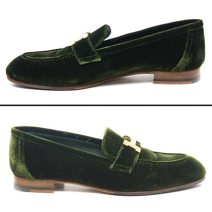 Hermes Moccasins Paris Velours 36.5 Women's Green And Gold Hardware