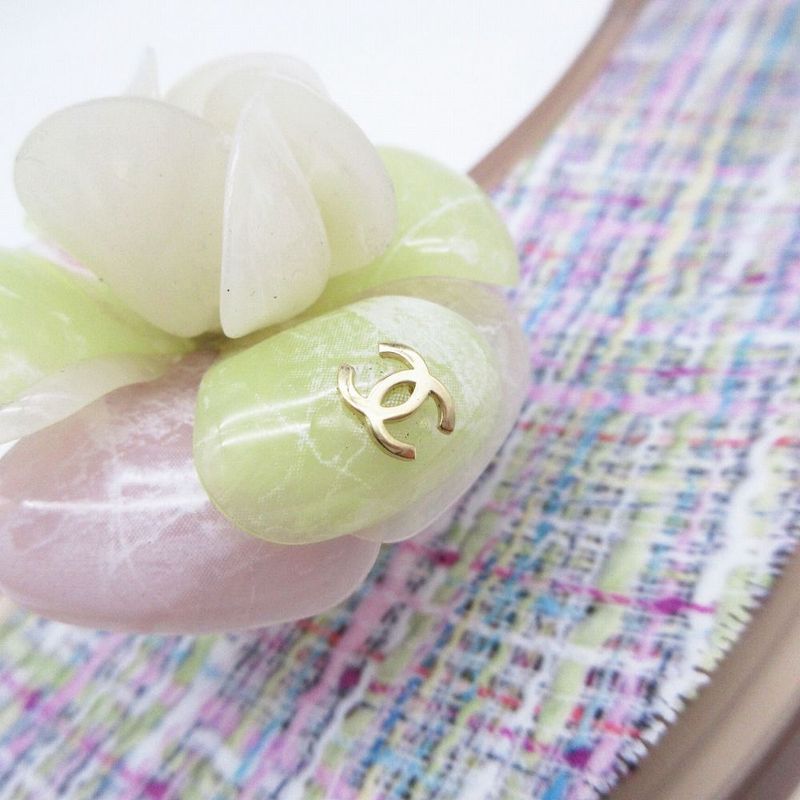 Chanel Camellia Coco Mark Thong Sandals Flip Flops Flat Tweed Pattern 38 24cm