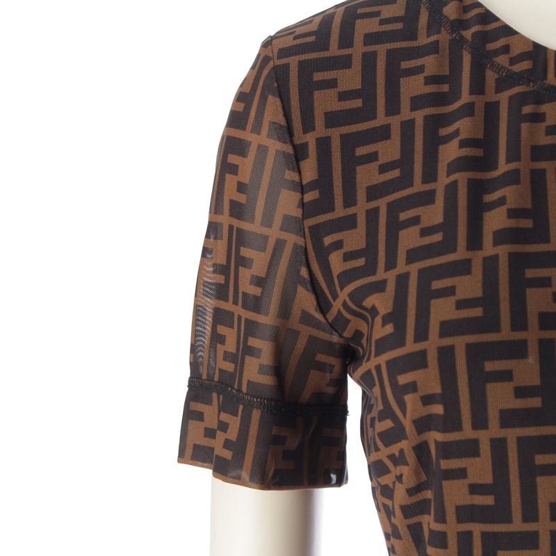 Fendi 19 Nylon Zucca Pattern Short Sleeve Crew Neck Long Dress Brown 38