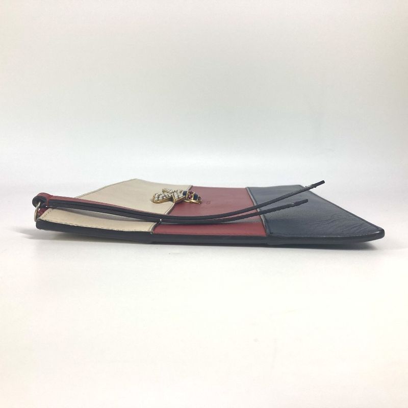 Gucci Clutch Bag BEE Striped Pearl Rhinestone 476077 Leather Red