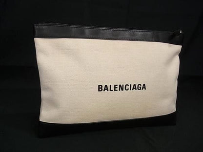 Balenciaga 373834 Navy Clip M Canvas Clutch Bag Second Bag Beige