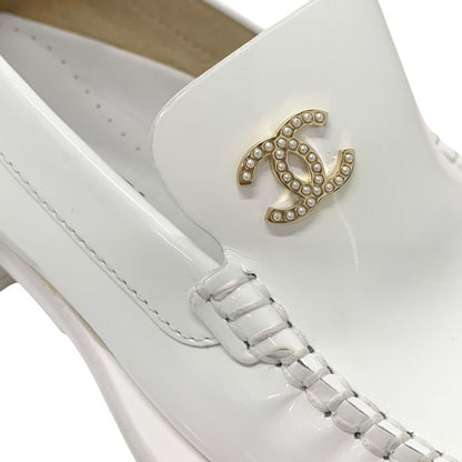 Chanel Loafer Leather Shoes Patent Leather White Gold Here Mark