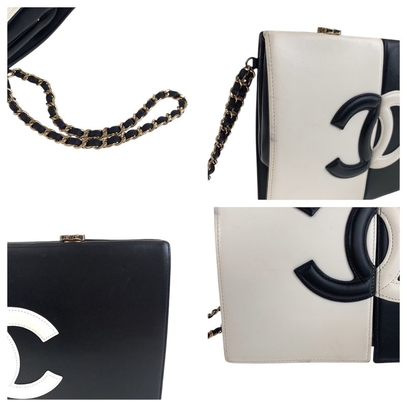 Chanel Coco Mark White Black Gold Hardware Lambskin Clutch Bag Second Bag