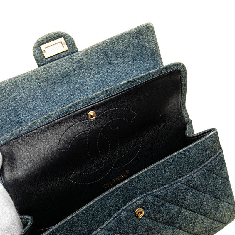 Chanel 255 Matelasse 28 Double Flap Chain Shoulder Bag Light Blue Denim Women