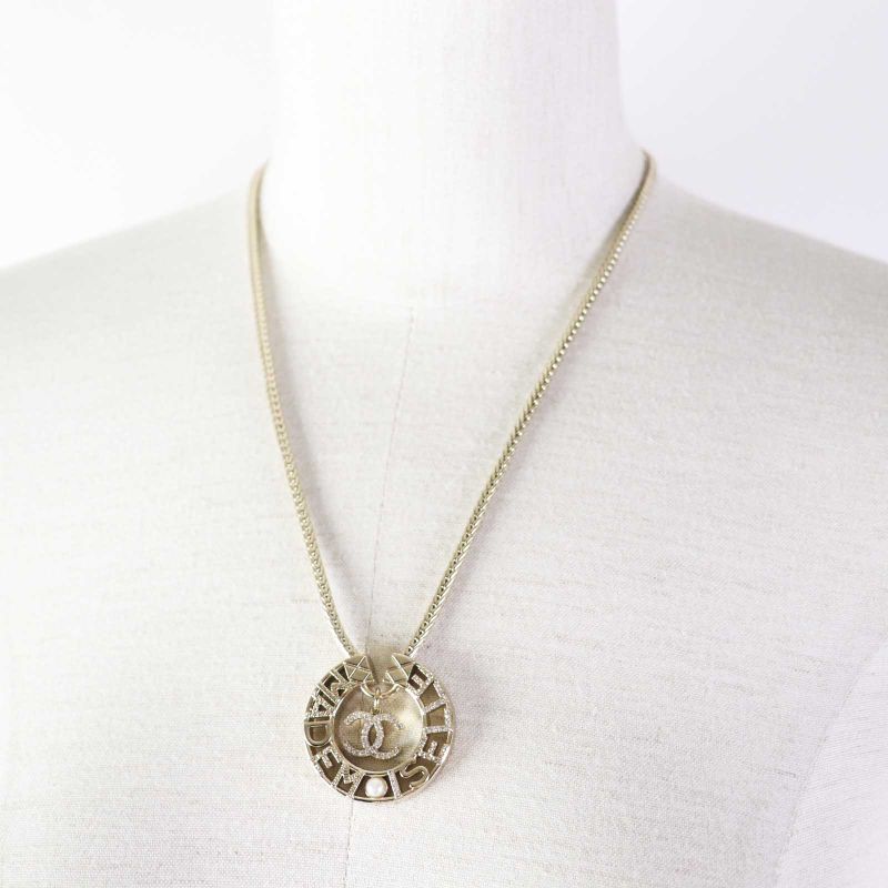 CHANEL Y22X Mademoiselle Rhinestone Coco Mark Necklace Pendant Gold With Box