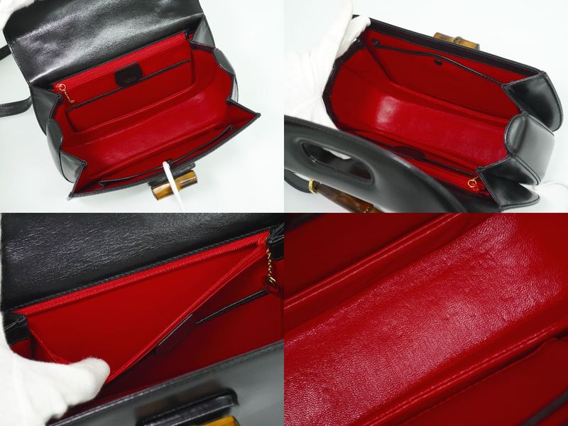 Authentic Gucci Bamboo 2WAY Shoulder Bag Handbag Pochette Leather Black Bamboo