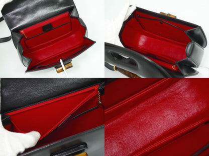 Authentic Gucci Bamboo 2WAY Shoulder Bag Handbag Pochette Leather Black Bamboo