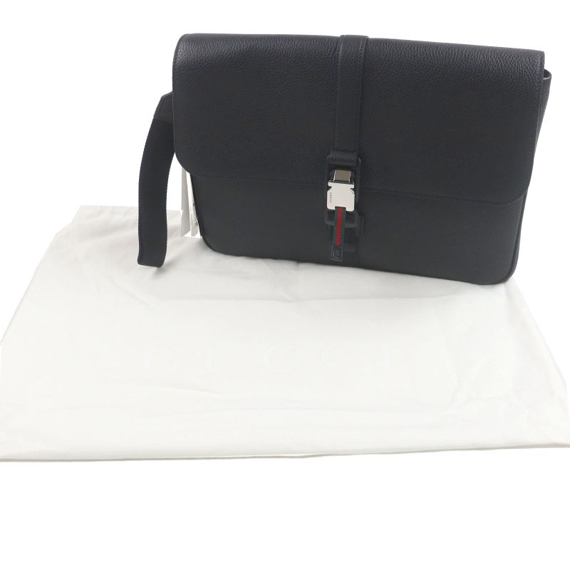 Gucci 816755 Web Stripe Leather Flap Business Case Clutch Bag Black Storage