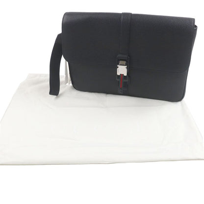 Gucci 816755 Web Stripe Leather Flap Business Case Clutch Bag Black Storage