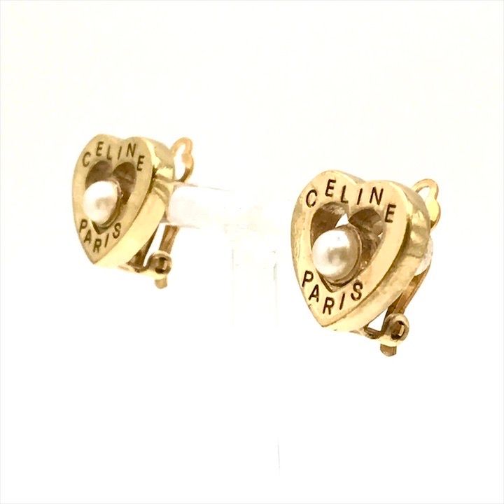 Celine Logo Heart Motif Pearl Earrings Gold