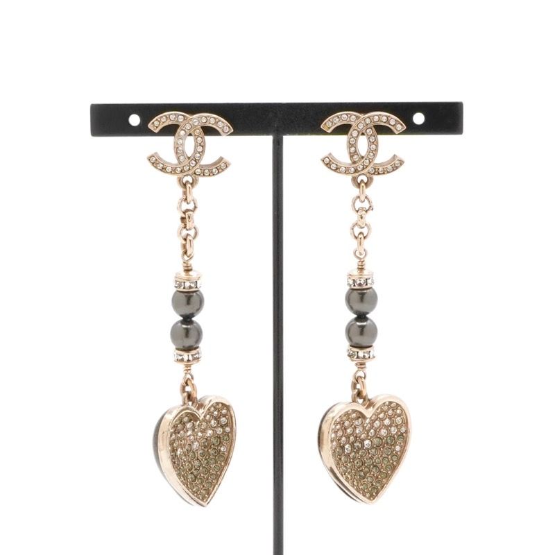 Chanel Earrings Earring Gold Black Coco Mark Heart Rhinestone