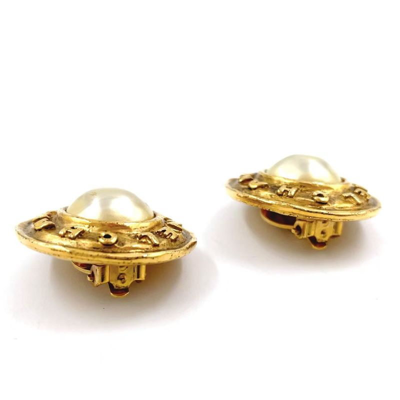 Chanel Old Chanel Logo Faux Pearl GP X Faux Pearl Ivory X Gold Earrings