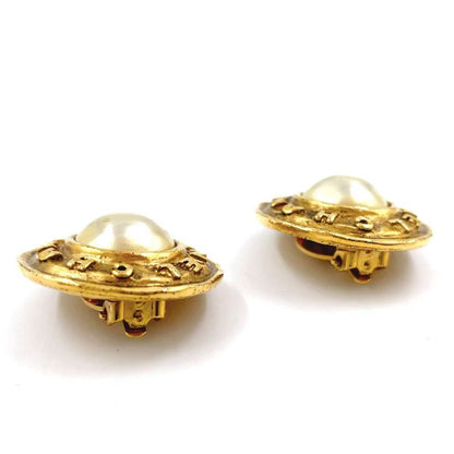 Chanel Old Chanel Logo Faux Pearl GP X Faux Pearl Ivory X Gold Earrings