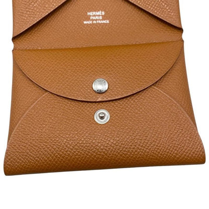 Hermes Card Case Coin Case Calvi Duo Engraved B Gold Brown Silver Hardware