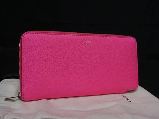 Celine Leather Round Zipper Long Wallet Billfold Coin Purse Card Holder Pink