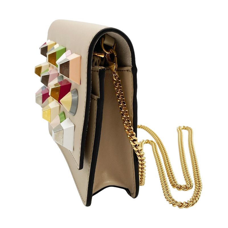 Fendi Multi Studded Chain Wallet Shoulder Bag Leather 8m0346 Beige Gold