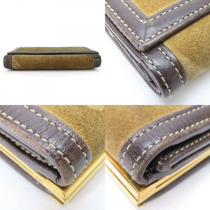 Loewe Trifold Wallet Suede Leather Khaki Brown Gold Hardware Anagram Clasp