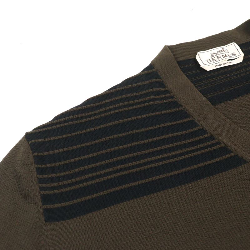 Hermes 100% Wool V-neck Bicolor Shoulder Border Pattern Knit Sweater Khaki
